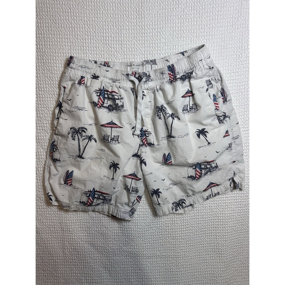 Free Planet Men's Large Beach Surf Print Cotton Swim Trunks Shorts‎ L Patriotic